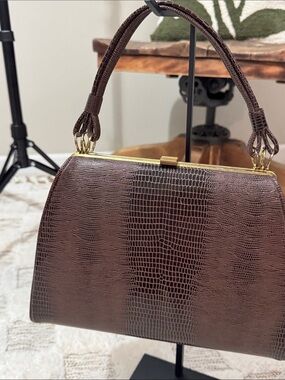 Vintage Dover Brown faux reptile Skin Frame Handbag Made in USA Top Handle Purse